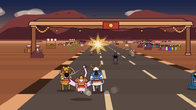 Riders trading blows under a festival gateway in the red canyon