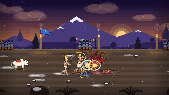 Shevi and the Devas fight Asura soldiers on Kailash, a crowd of ganas watching from the back