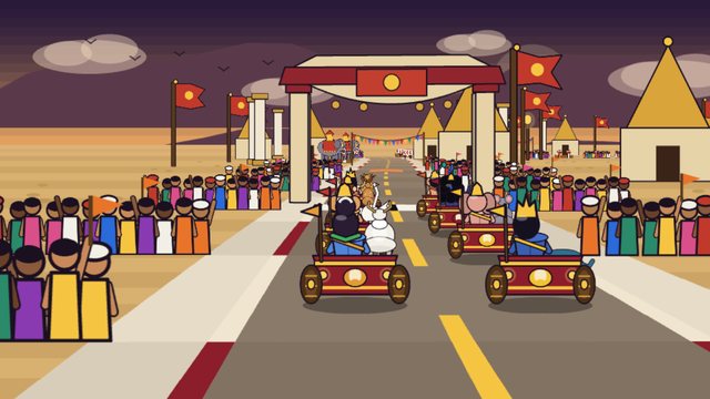 Chariots leaving the start at the Golden Palace, crowds cheering under the gateway